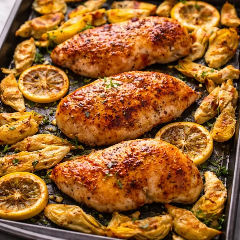 Sheet Pan Lemon Artichoke Chicken Thighs with lemon slices and artichoke hearts