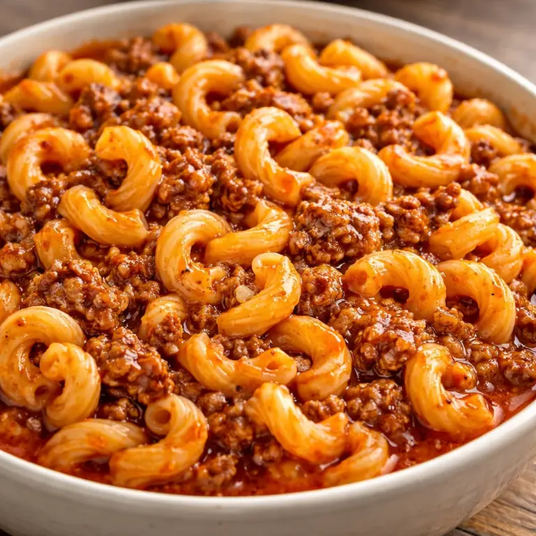 A delicious serving of Slumgullion featuring ground beef, macaroni, and tomatoes.